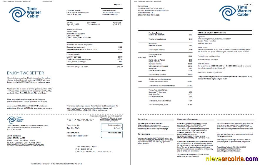USA Time Warner Cable utility bill, 2 pages